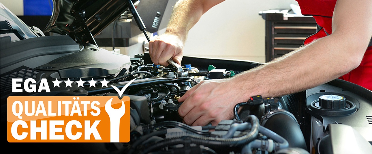 Links Schriftzug "EGA Qualitätscheck", rechts ist ein Arm eines Monteurs unter geöffneter Motorhaube tätig